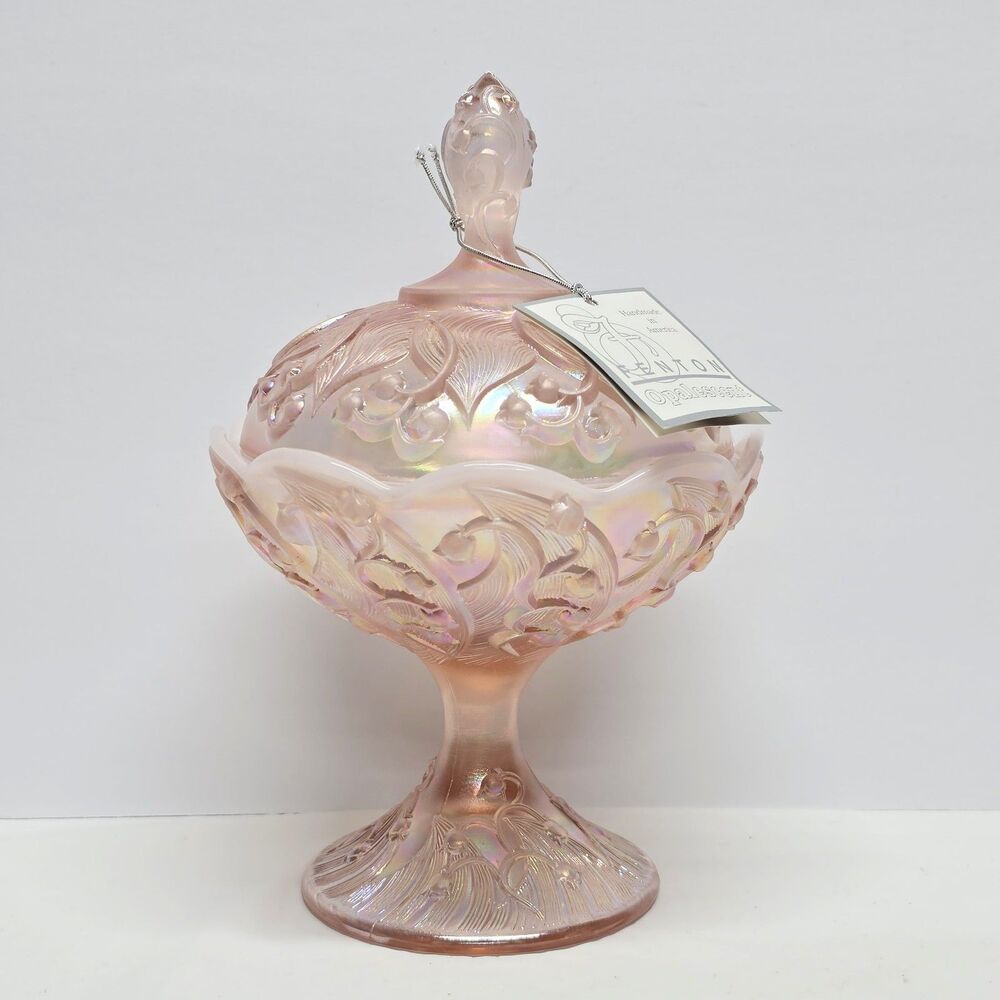 Vintage Fenton Art Glass Pink Opalescent Glass Candy Dish Lily Of The Valley NEW